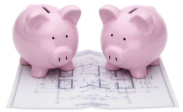 Two pink piggy banks, looking at a blueprint together.