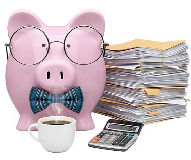 A pink piggy bank wearing glasses and a plaid bowtie. There's a calculator beside him, along with a stack of file folders, and a cup of coffee in front of him.