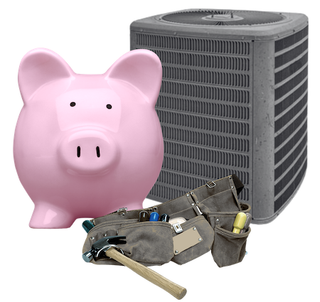A pink piggy bank with a tool belt standing in front of an AC unit.