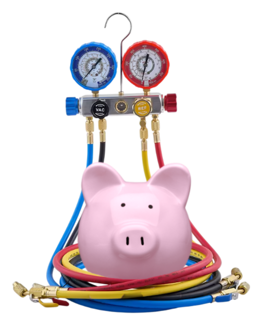 A pink piggy bank with duct work on its head.
