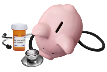 A pink piggy bank with a stethoscope and prescription bottle for 'Oink-ment'.