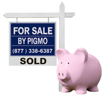 A pink piggy with a smile on its face standing next to a 'For Sale By Pigmo' sign with the world 'SOLD' across it.