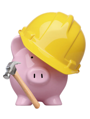 A pink piggy bank with a toolbelt, standing on a roof.