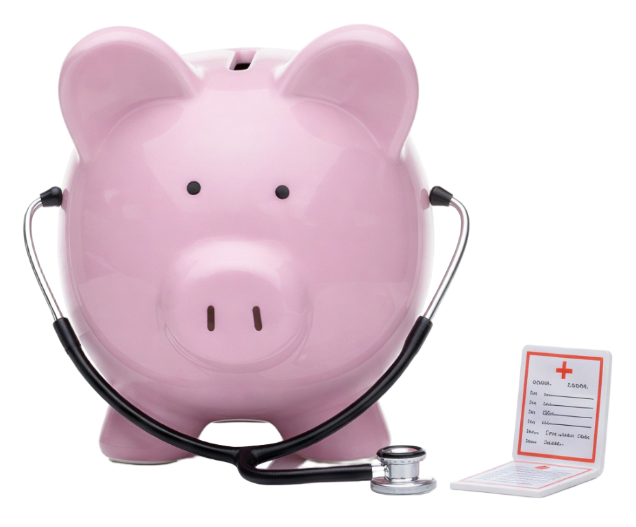 A pink piggy bank with a stethoscope and prescription pad.
