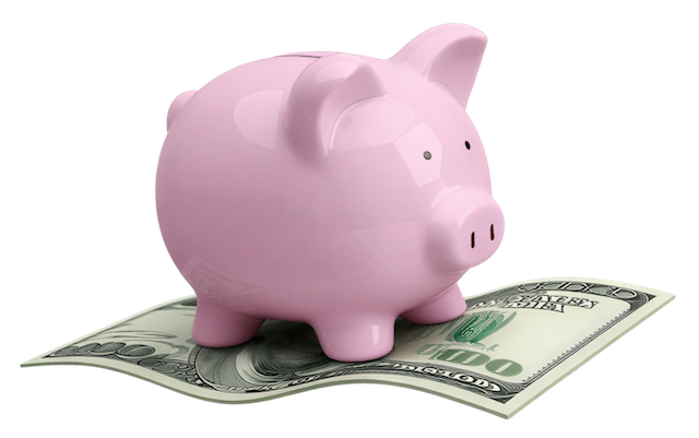 A pink piggy bank standing on top of a magic carpet made out of a one hundred dollar bill.
