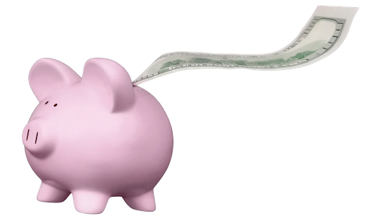 A pink piggy bank wearing a cape made of a one hundred dollar bill.