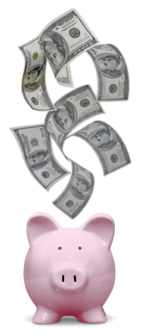 A cascade of dollar bills floats above a pink piggy bank on a white background, conveying themes of financial strength and business growth.