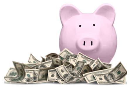 A pink piggy bank surrounded by scattered US hundred dollar bills on a white background, symbolizing financial growth.