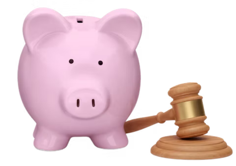 A pink piggy bank with a judge's gavel.