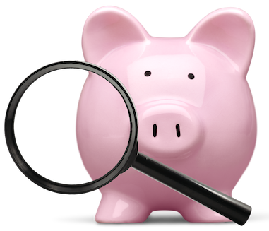 A pink piggy bank with a large black magnifying glass.